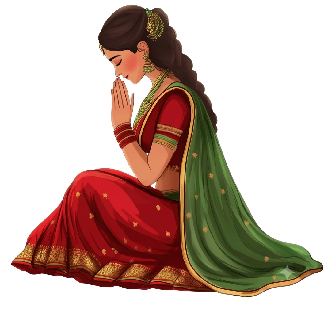 Model in blue and gold ethnic wear greeting with Namaste